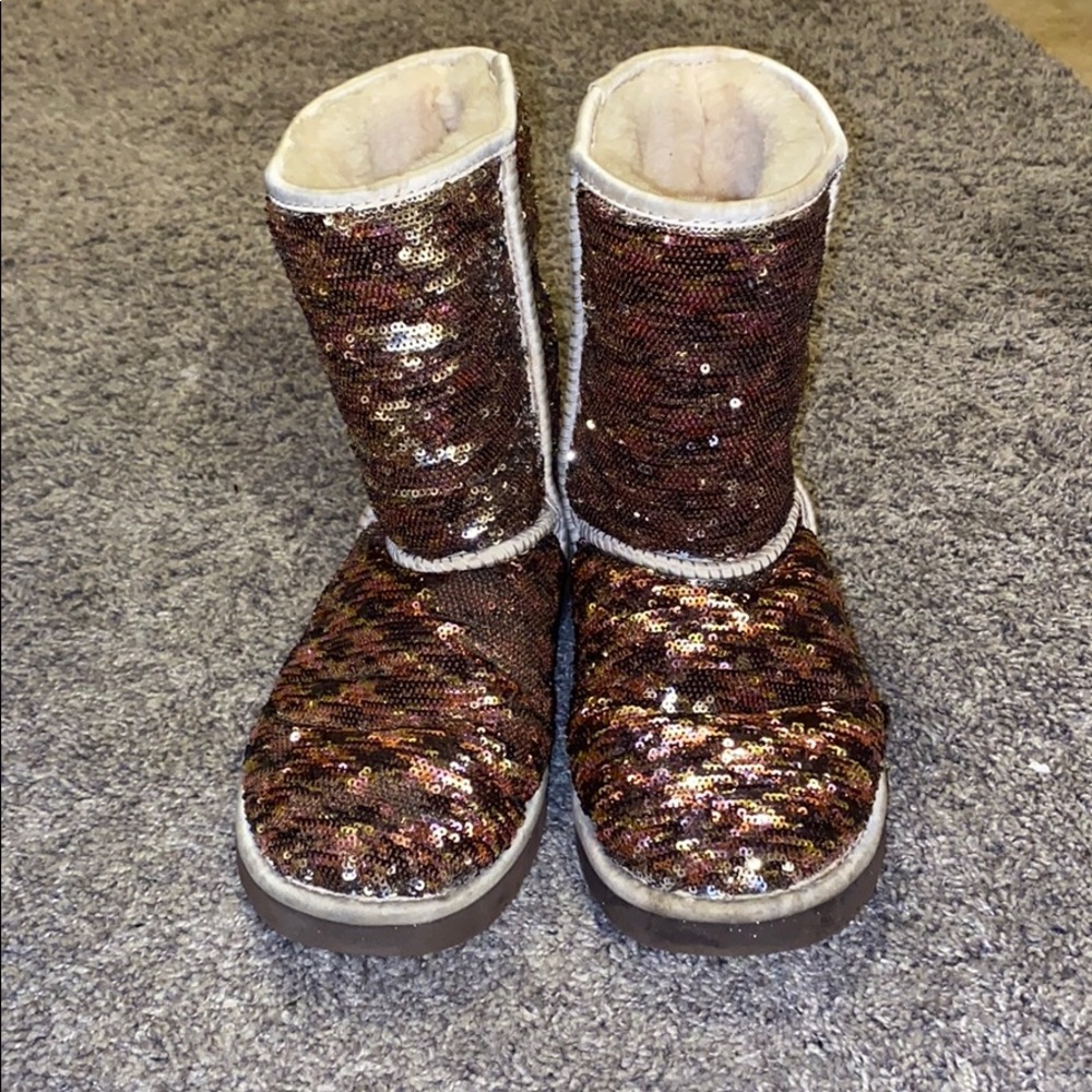 Brown and silver sequin uggs
